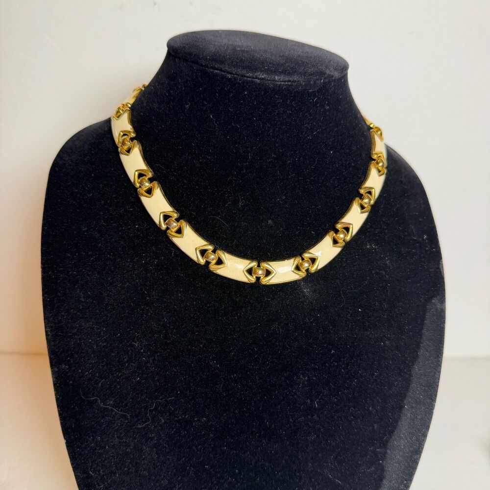 Vintage Gold Tone White Enamel Link Necklace Geometric Panel Collar 16" Unmarked
